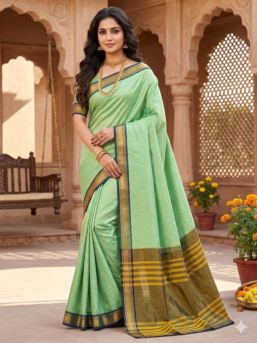 Cream Gold Silk Blend Saree with Blue Mustard Striped Pallu